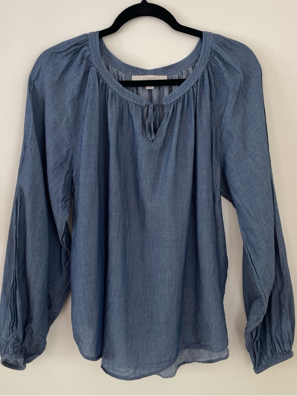 LOFT Chambray Blouse with Tie Neck